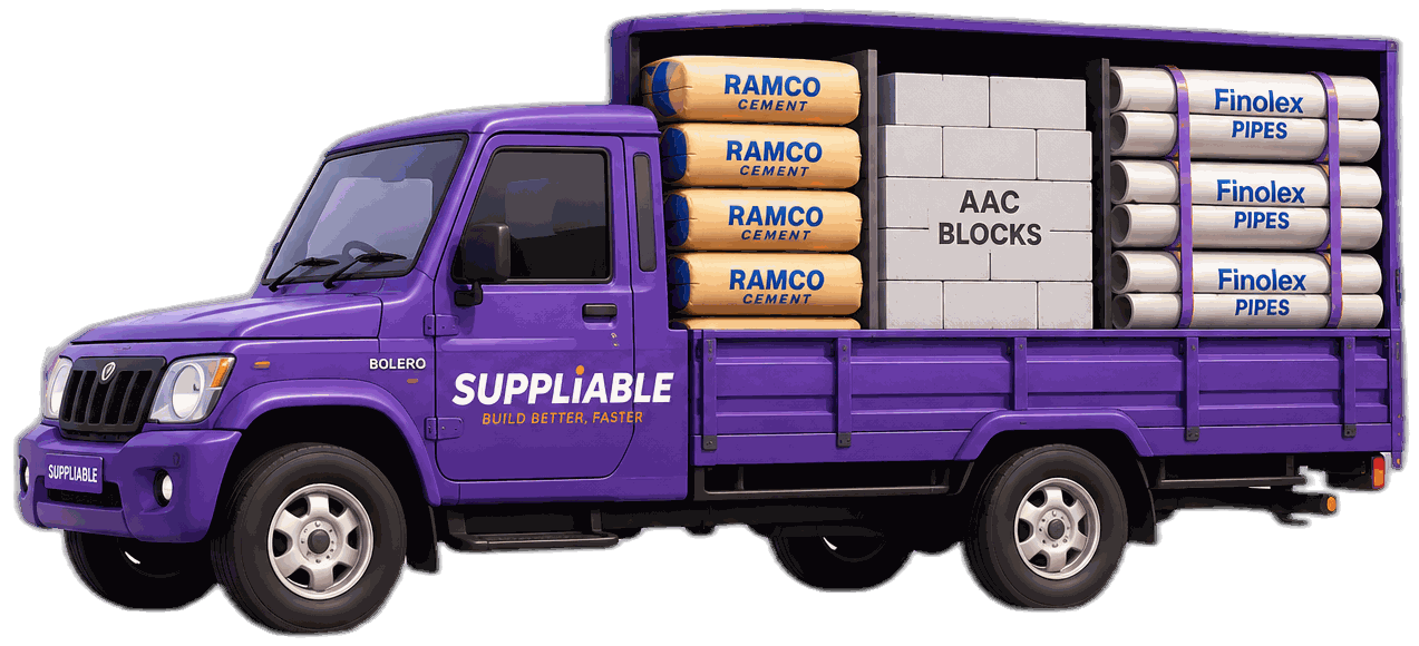 Suppliable Bolero pickup carrying Ramco cement bags, AAC blocks and Finolex pipes, delivering in 60 minutes
